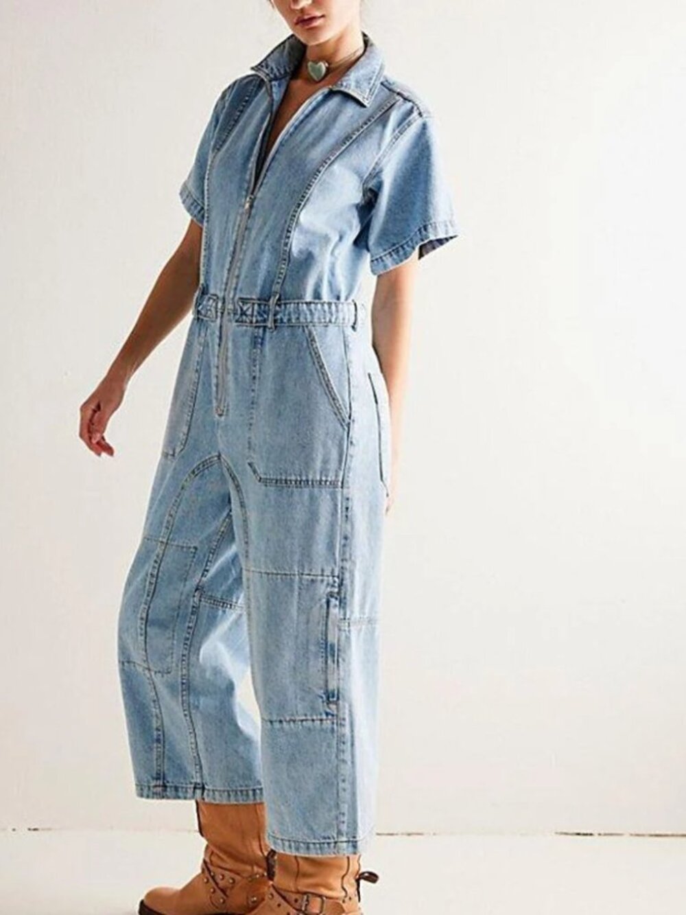 Free People Blue On The Run Cropped Coverall Size Medium